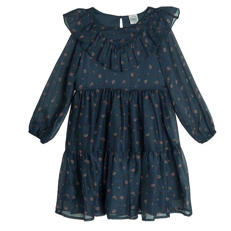 Cool Club, Rochie cu maneca lunga pentru fete, bleumarin, imprimeu trandafiri