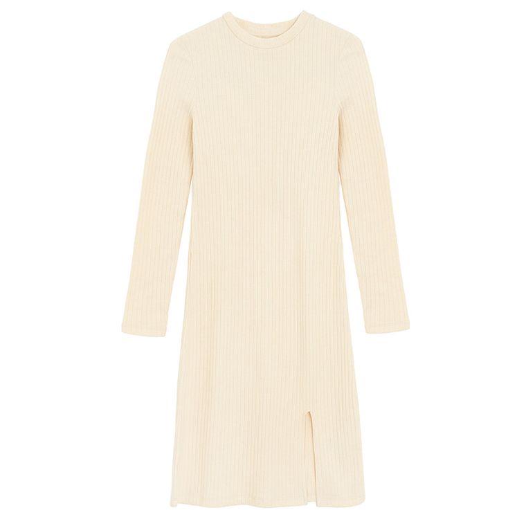 Cool Club, Rochie cu maneca lunga pentru fete, din tricot striat, bej deschis