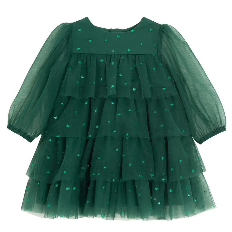 Cool Club, Rochie cu maneca lunga pentru fete, verde inchis