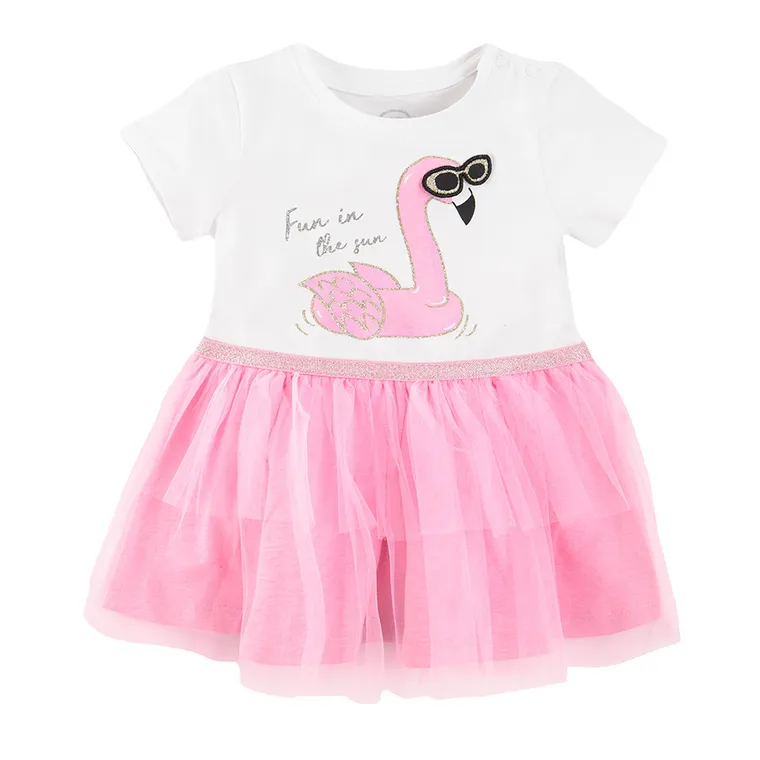 Cool Club, Rochie cu maneca scurta pentru fete, alb-roz, imprimeu flamingo