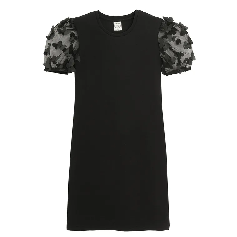 Cool Club, Rochie cu maneca scurta pentru fete, din tricot striat, negru