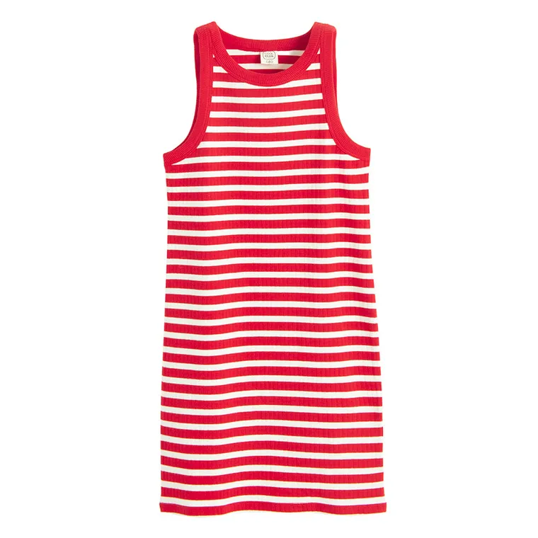 Cool Club, Rochie fara maneci pentru fete, din tricot striat, rosu-alb