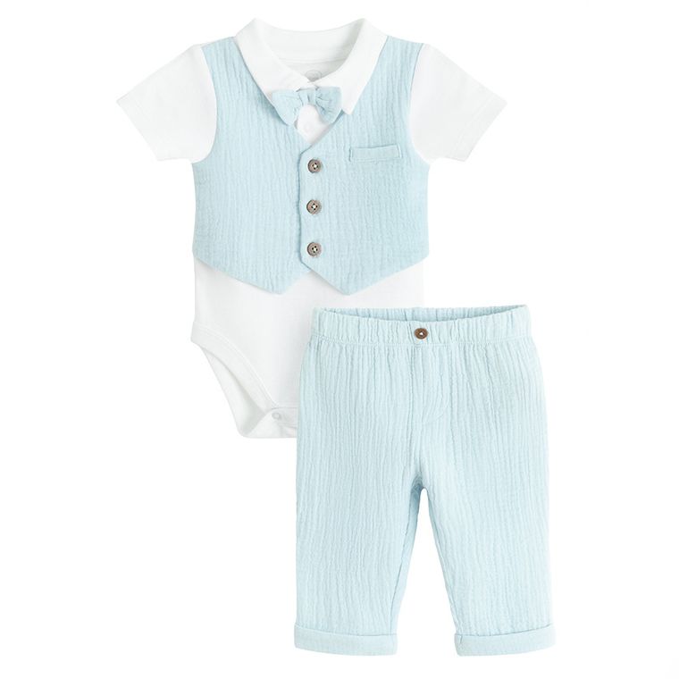 Cool Club, Set pentru baieti, Body cu maneca scurta, Pantaloni din textil din muselina, mix