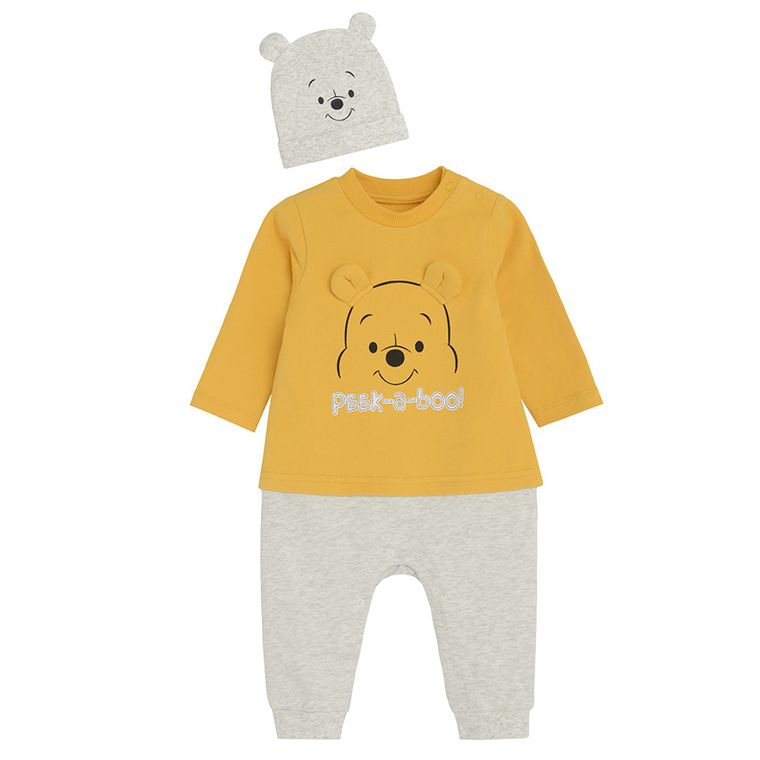 Cool Club, Set pentru baieti, Pijama tip salopeta, Caciula, gri-galben, imprimeu Winnie the Pooh