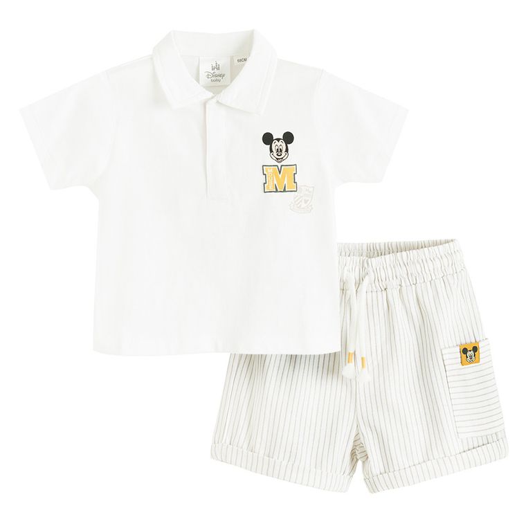 Cool Club, Set pentru baieti, Tricou polo cu maneca scurta, Pantaloni scurti, alb, imprimeu Mickey Mouse