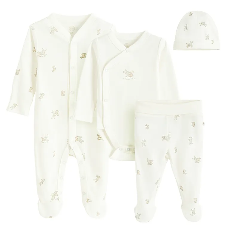 Cool Club, Set pentru bebelusi, Body cu maneca lunga, Pijama tip salopeta, Pantaloni cu botosei, Caciula, alb