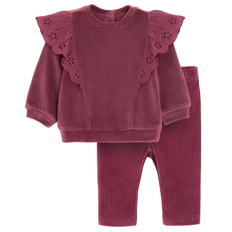 Cool Club, Set pentru fete, Bluza, Colanti, din tricot striat, velur, burgundia