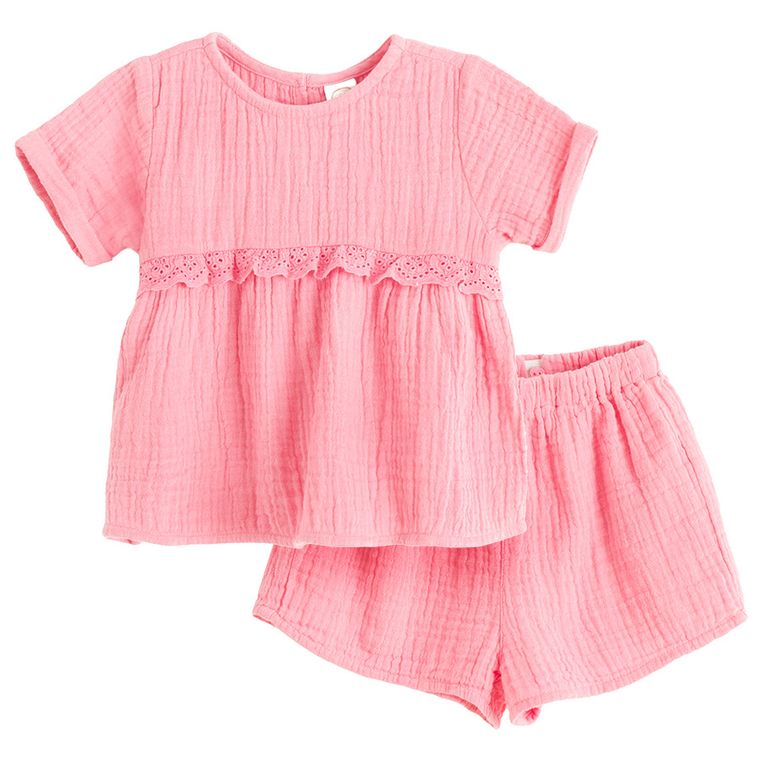 Cool Club, Set pentru fete, Bluza cu maneca scurta, Pantaloni scurti, muselina, roz