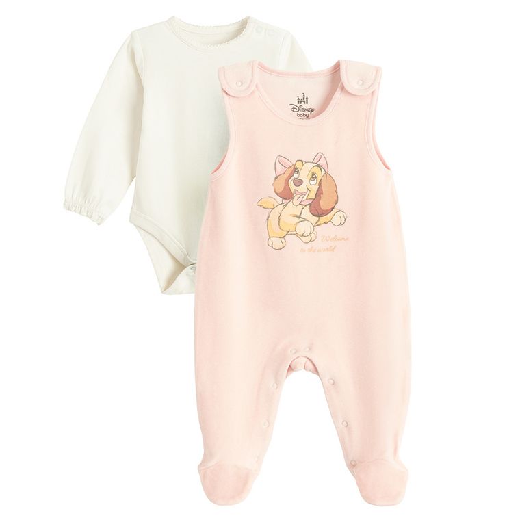 Cool Club, Set pentru fete, Body cu maneca lunga, Salopeta cu botosei velur, mix, imprimeu Doamna si Vagabondul