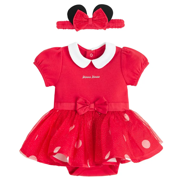 Cool Club, Set pentru fete, Body-rochie cu maneca scurta, Bentita, rosu, imprimeu Minnie Mouse