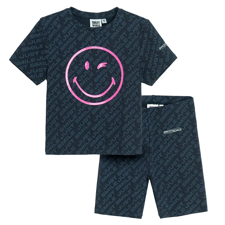 Cool Club, Set pentru fete, Tricou, Colanti scurti, din tricot striat, negru, imprimeu SmileWorld