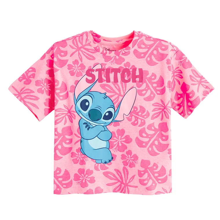 Cool Club, Tricou lejer pentru fete, roz fluo, imprimeu Lilo si Stitch