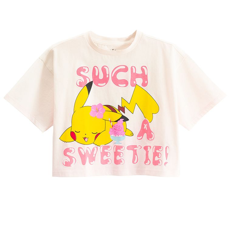 Cool Club, Tricou pentru fete, crop top, alb, imprimeu Pokemon