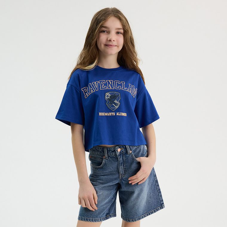 Cool Club, Tricou pentru fete, crop top, albastru, imprimeu Harry Potter