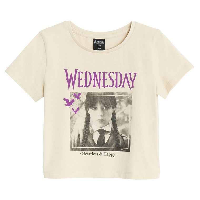 Cool Club, Tricou pentru fete, crop top, bej, imprimeu Wednesday