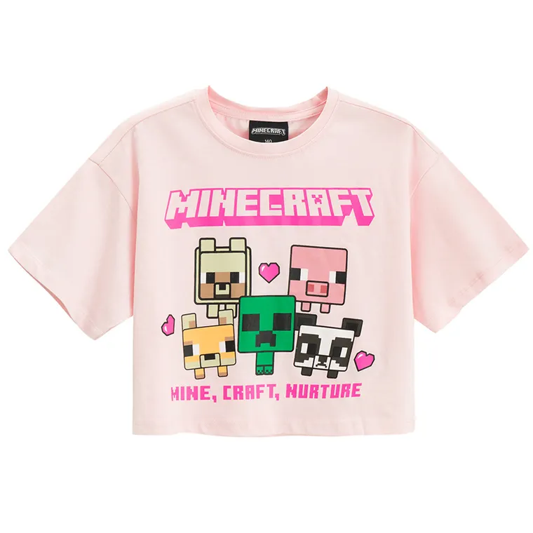 Cool Club, Tricou pentru fete, crop top, roz, imprimeu Minecraft
