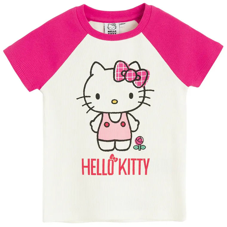 Cool Club, Tricou pentru fete, din tricot striat, alb, imprimeu Hello Kitty