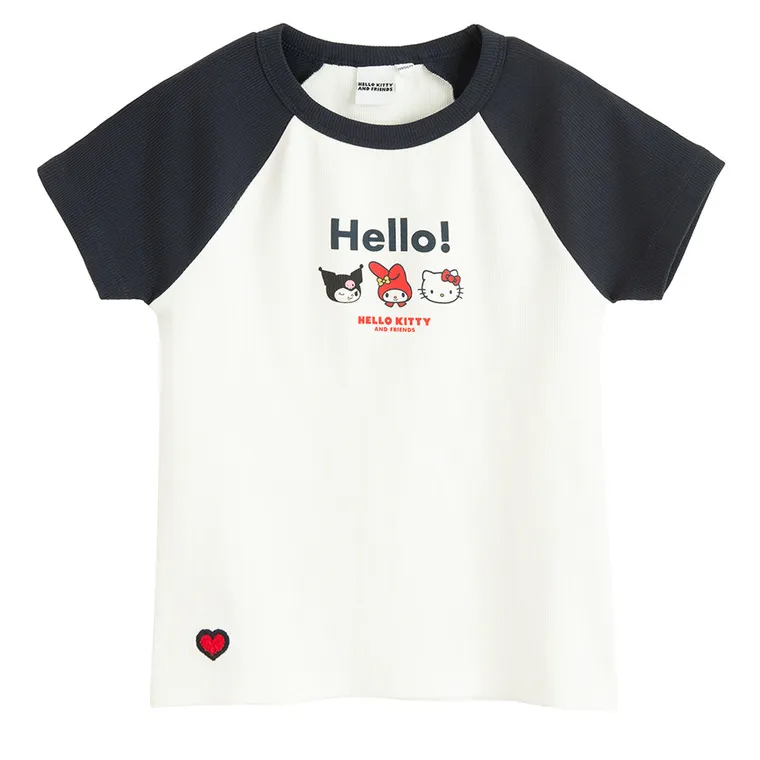 Cool Club, Tricou pentru fete, din tricot striat, alb, imprimeu Hello Kitty and Friends