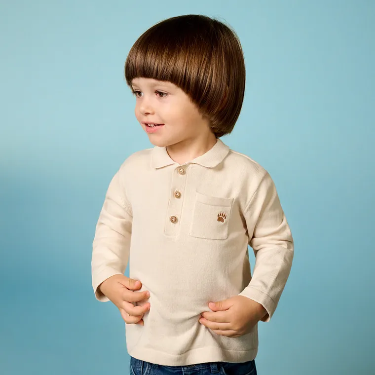 Cool Club, Tricou polo cu maneca lunga pentru baieti, din tricot, bej