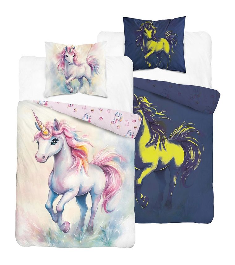 Fluo, set de lenjerie de pat pentru tineri, 140-200 cm + 70-80 cm, Unicorn