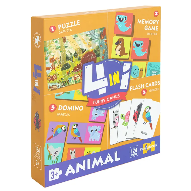 Funny Gamers, Animal, set 4 in 1, puzzle + memory + domino + cartonase, 124 elemente