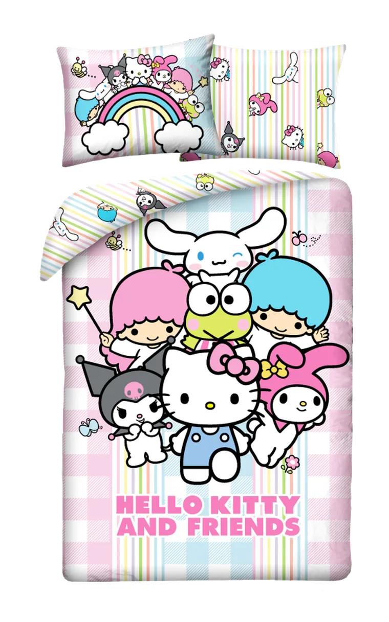 Hello Kitty & Kuromi, set lenjerie de pat single, din microfibra, 140-200 cm