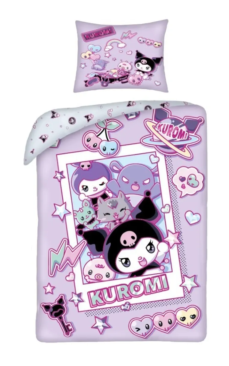 Hello Kitty & Kuromi, set lenjerie de pat single, din microfibra, 140-200 cm
