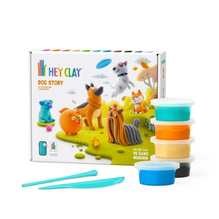 Hey Clay, Dog Story, set creativ, 15 cutii de plastilina