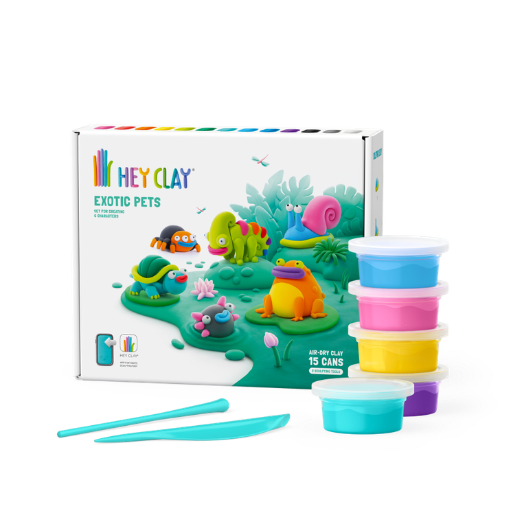 Hey Clay, Exotic Pets, set creativ, 15 cutii de plastilina