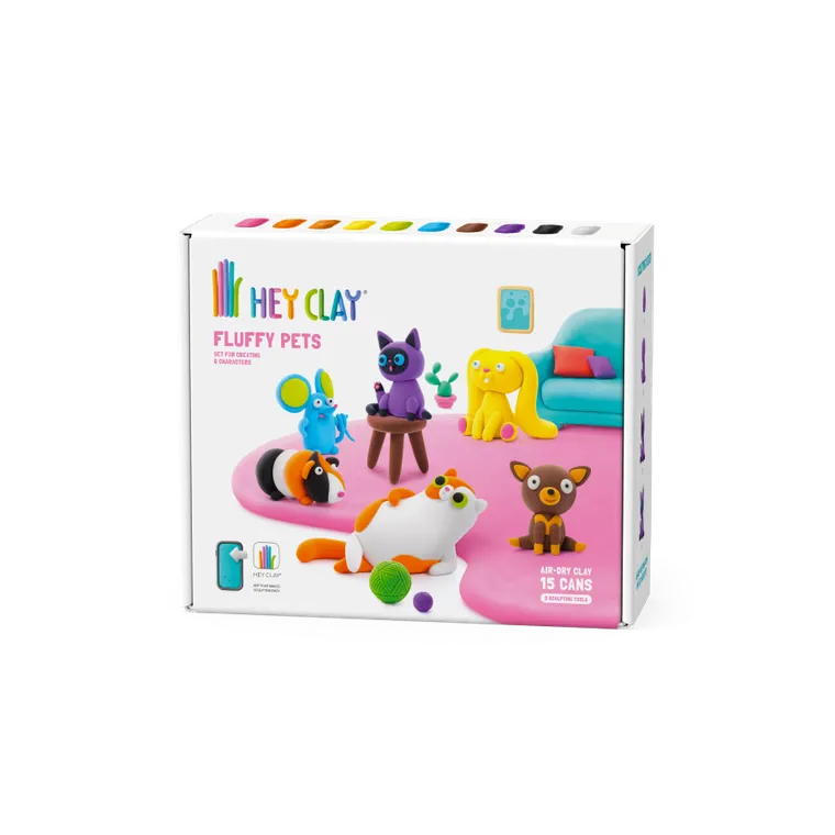 Hey Clay, Fluffy Pets, set creativ, 15 cutii de plastilina