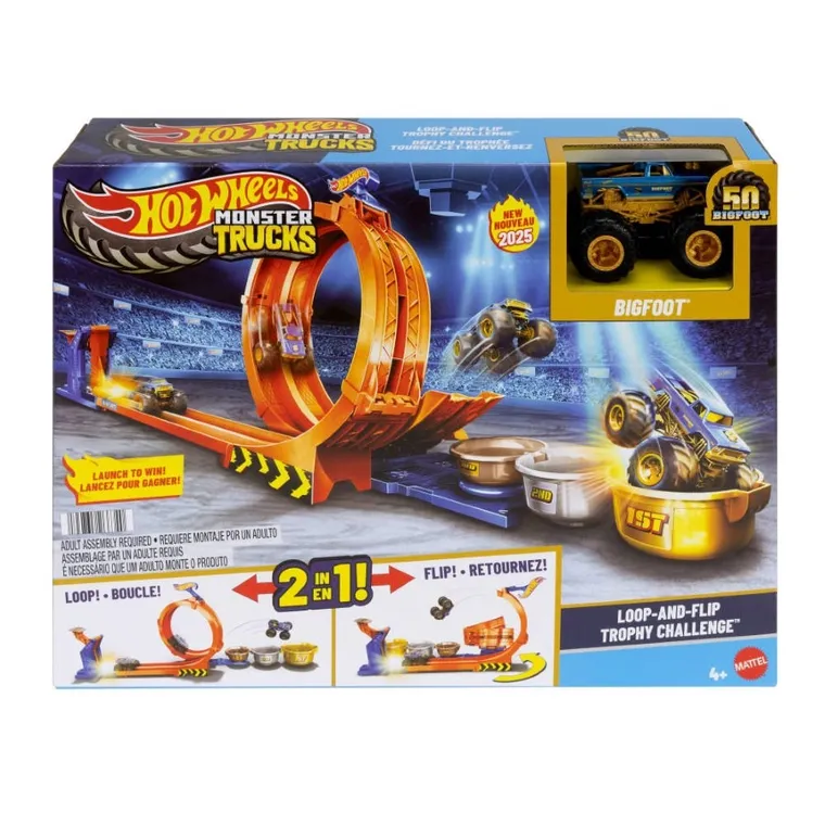 Hot Wheels, Monster Trucks, Loop-And-Flip Trophy Challenge, set de joaca cu masina Bigfoot