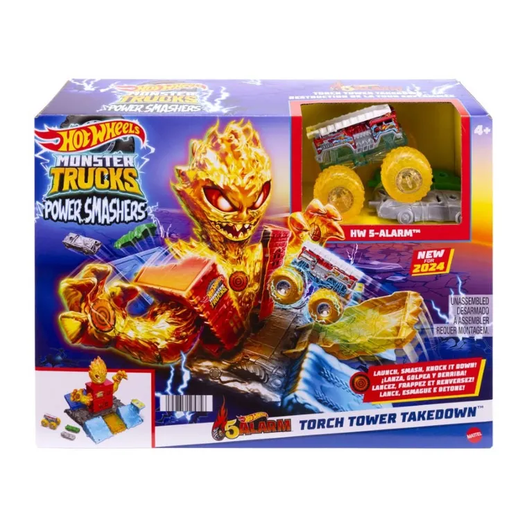 Hot Wheels, Monster Trucks Power Smashers, Torch Tower Takedown, set de joaca cu masina 5-Alarm