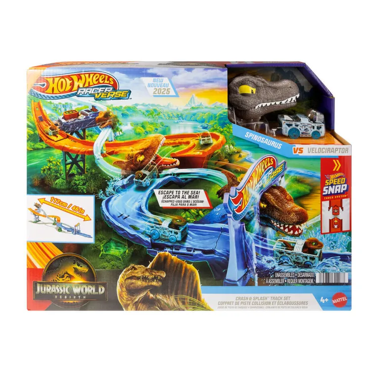 Hot Wheels, RacerVerse Jurassic World, Crash & Splash, set de joaca cu masina