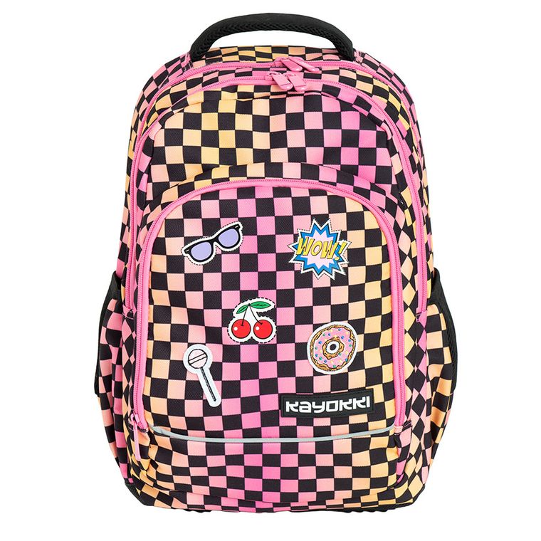 Kayokki, rucsac pentru scoala cu 1 compartiment, carouri roz-portocaliu