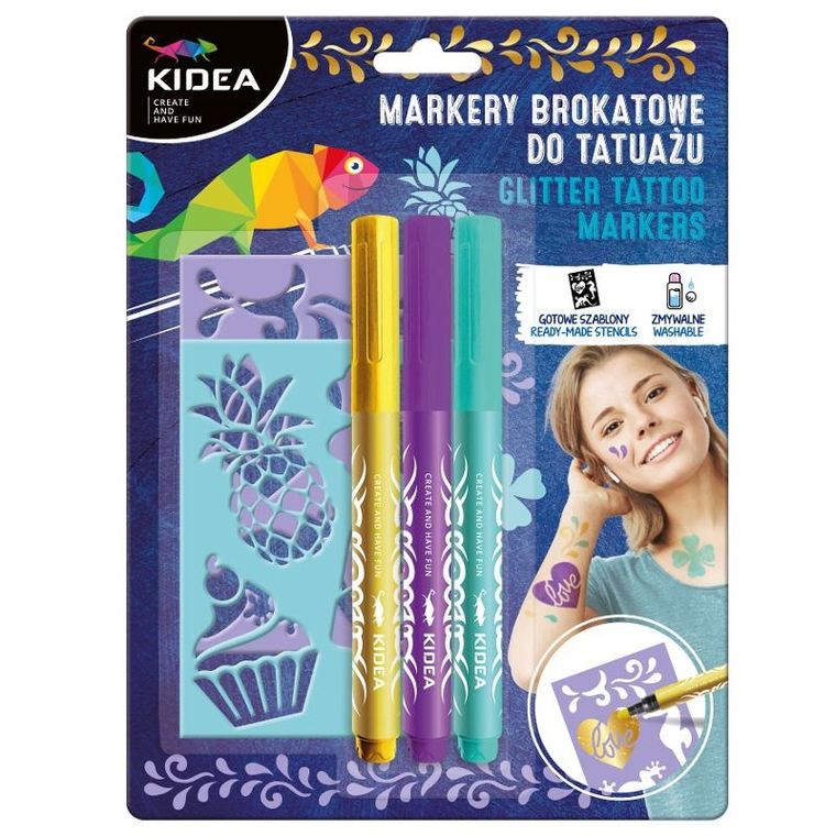 Kidea, markere sclipitoare pentru tatuaje cu sabloane, 3 culori