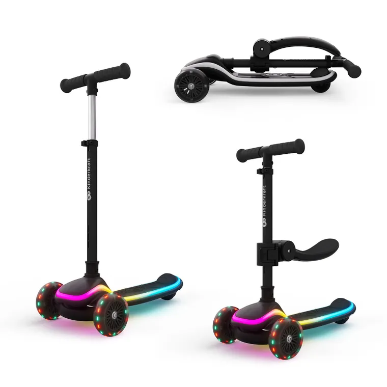 Kinderkraft, RAKET UP, trotineta LED cu 3 roti cu sezut, 2in1, Black