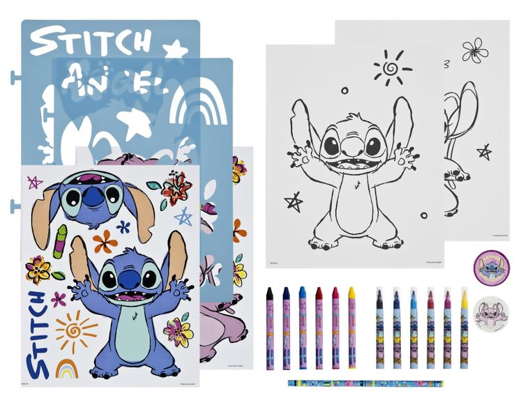 Lilo si Stitch, set de arta cu sabloane, autocolante si creioane colorate, 49 elemente