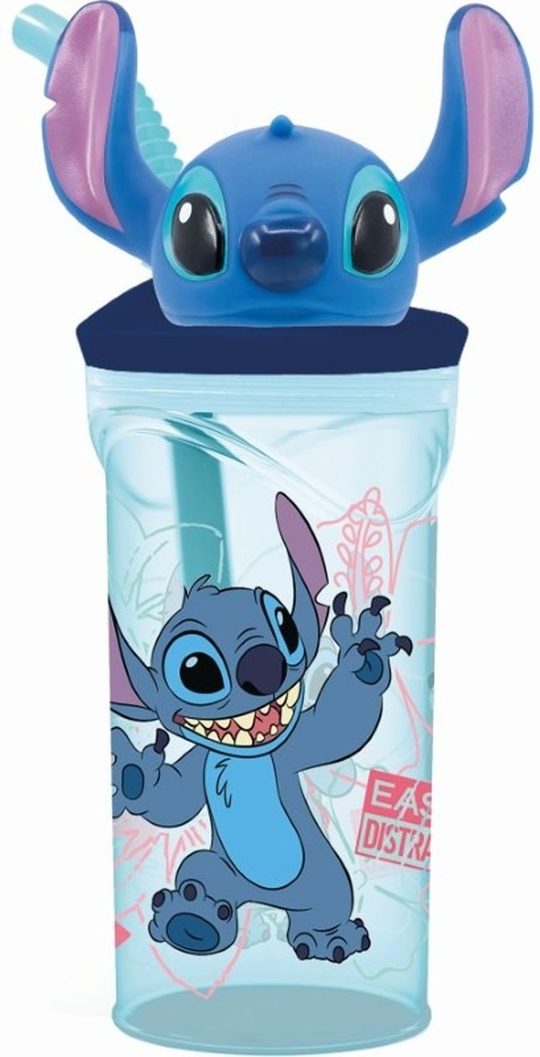 Lilo si Stitch, sticla de apa cu pai si figurina 3D, 360 ml