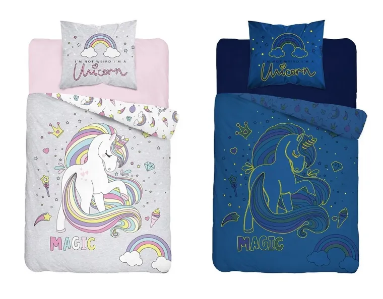 Magic Unicorn, set lenjerie de pat single, fluo, 140-200 cm