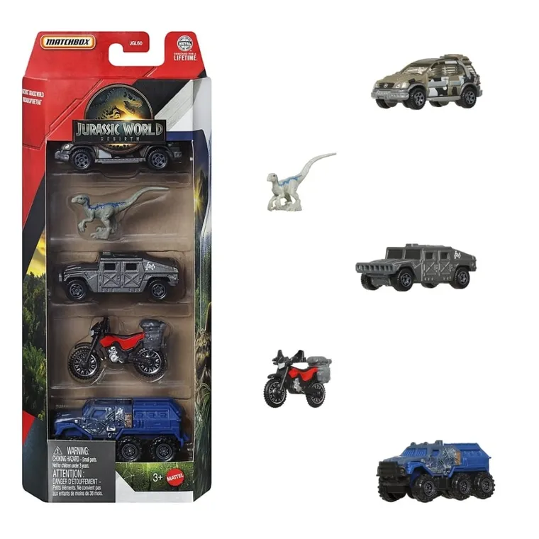 Matchbox, Jurassic World, Masini si dinozaur, 5-pack, 1 buc.
