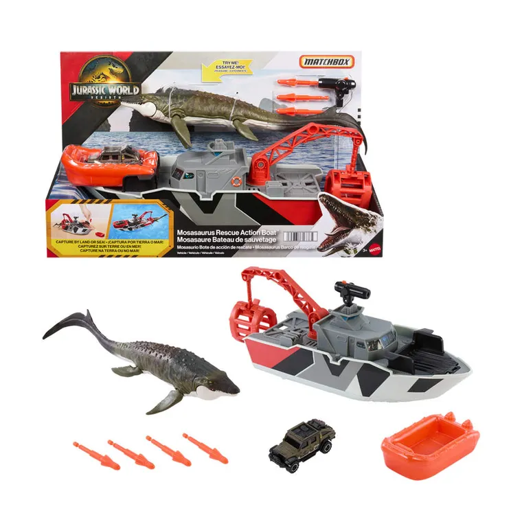 Matchbox, Jurrasic World, Mosasaurus Rescue Action Boat, set de