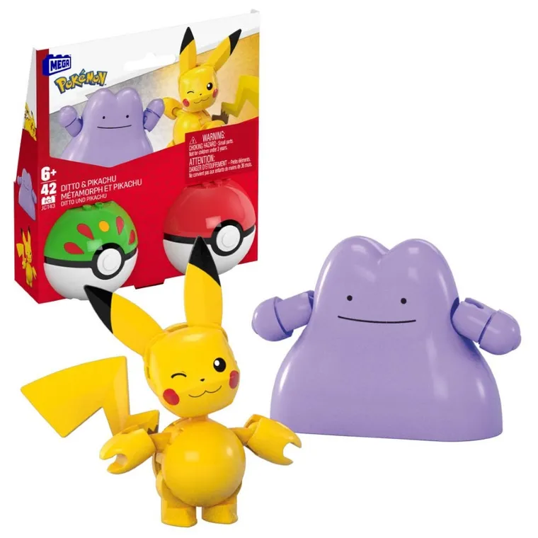 MEGA Pokemon, Pokeball Pikachu si Ditto, 2 figurine, set de constructie, 42 piese