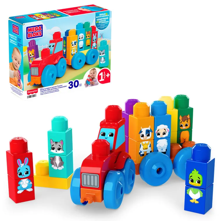 MEGA, Tractor cu animale, masina cu blocuri, 30 piese