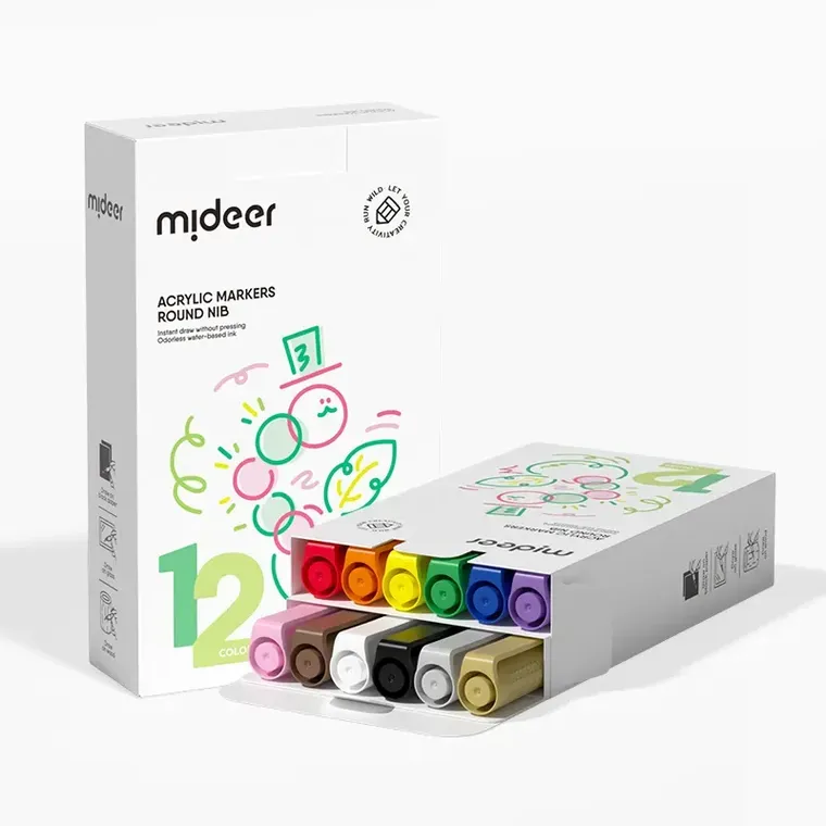 Mideer, markere acrilice cu varf rotund, 12 culori