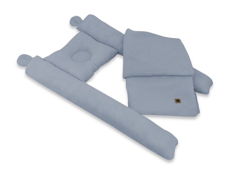 MimiNu, Duo, set pentru gondola, cos de Moses: perna ergonomica + patura din muselina, denim