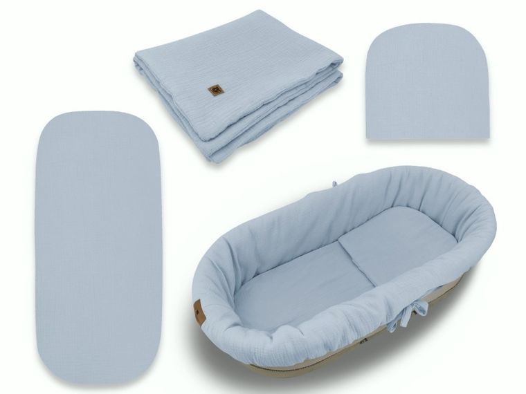 MimiNu, set: protectie universal pentru gondola, patut, cos de Moses + saltea + perna, muselina, denim