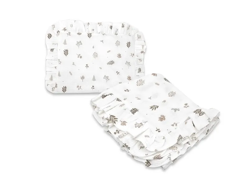 MimiNu, set: patura din muselina, 60-70 cm + perna cu fata de perna, 40-30, frunze bej