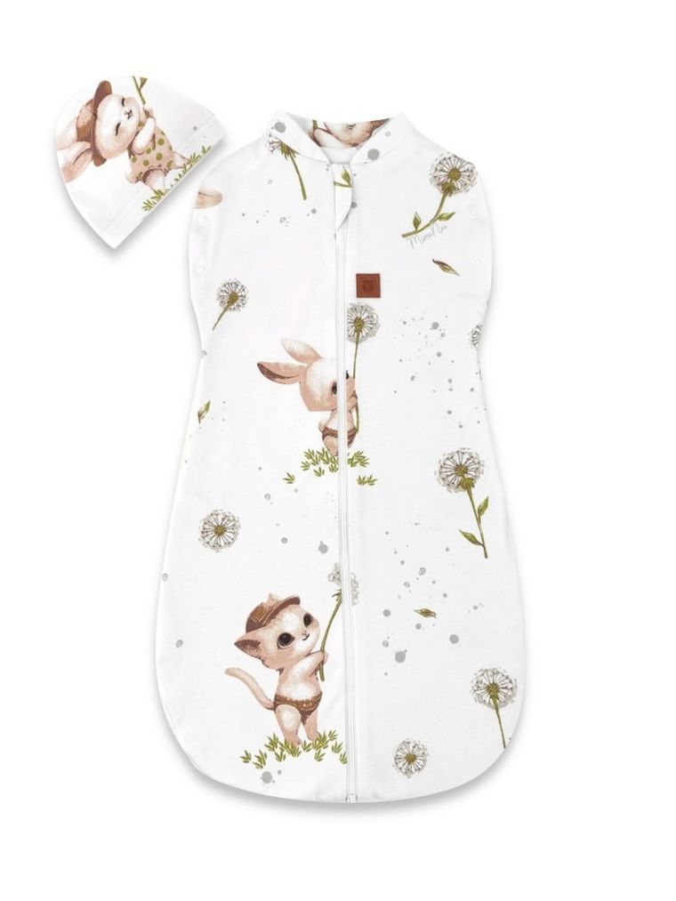 MimiNu, Soft, Teddy, set: sac de dormit + caciula pentru bebelusi, Pisici, TOG 0.5, marime 62, 0-3 luni