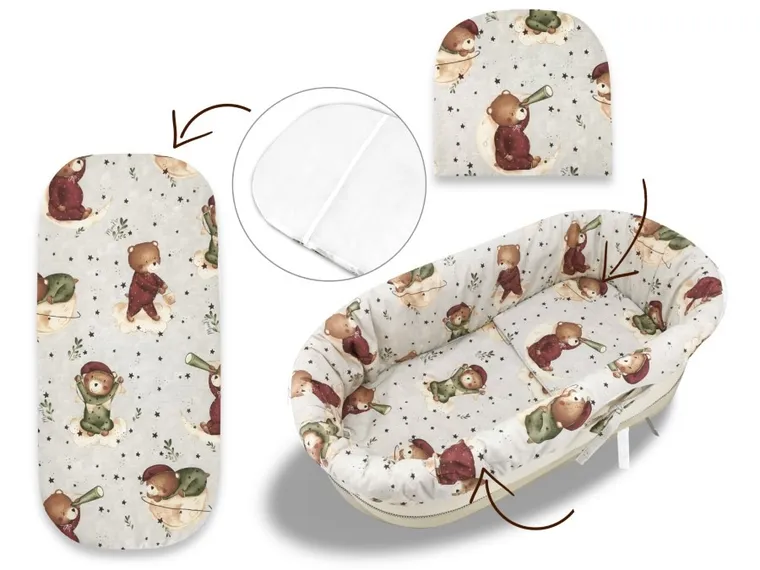 MimiNu, Ursulet pe luna, set: protectie universal pentru gondola, patut, cos de Moses + saltea + perna,