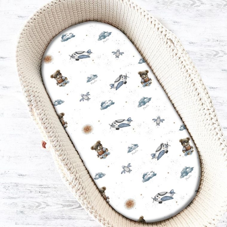 MimiNu, Ursuleti, cearceaf pentru gondola/cos de Moses, cu elastic, albastru, 35-80 cm